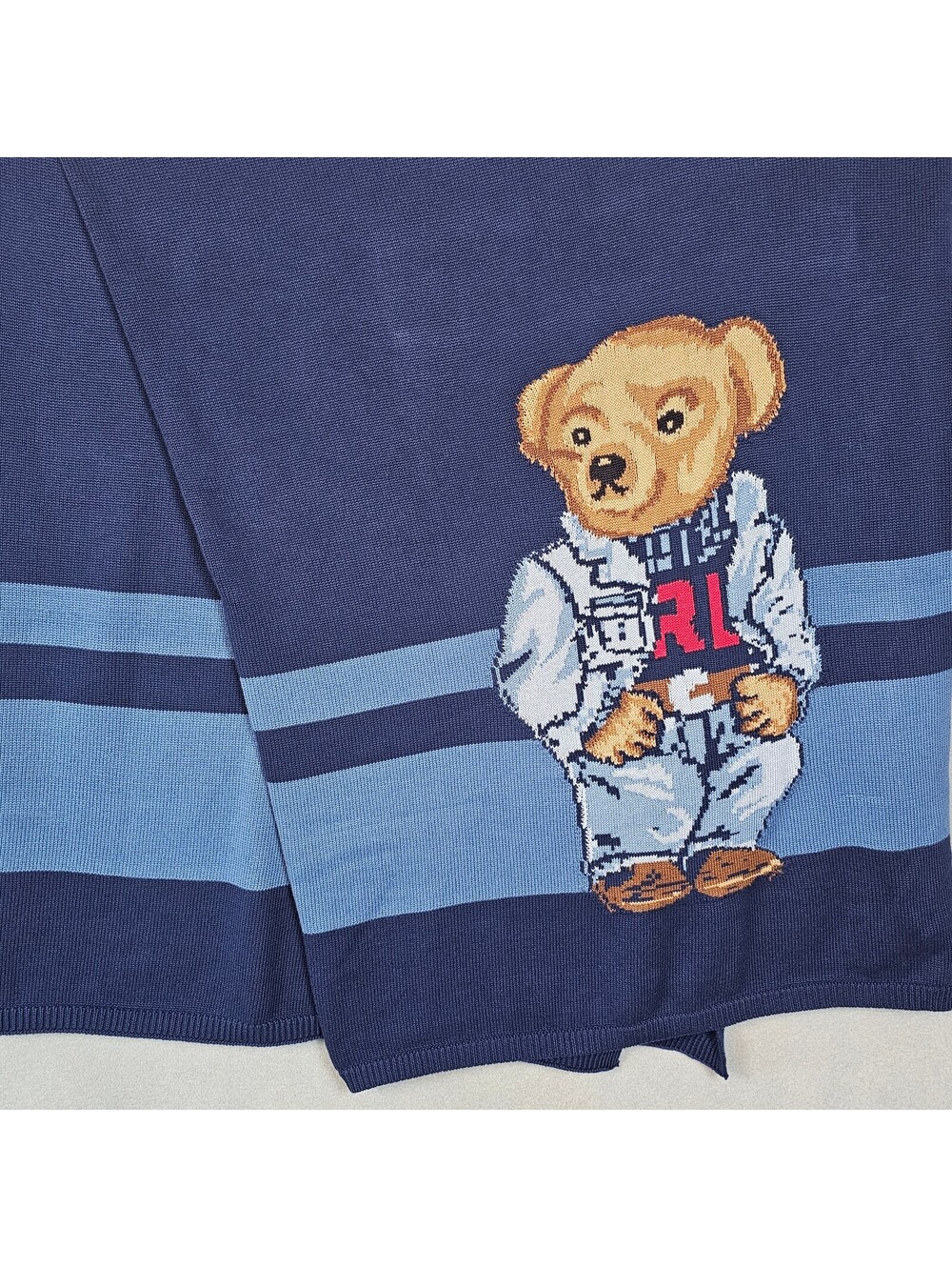 Ralph Lauren Polo Bear Denim Cotton Throw Blanket Navy 50x70